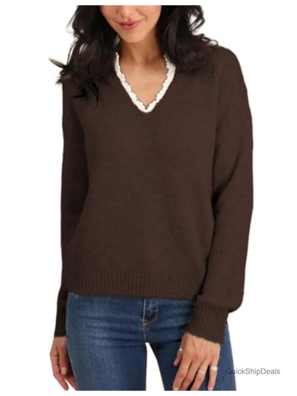 Women's V-Neck Lace Trim Knit Sweater Long Sleeve Pullover